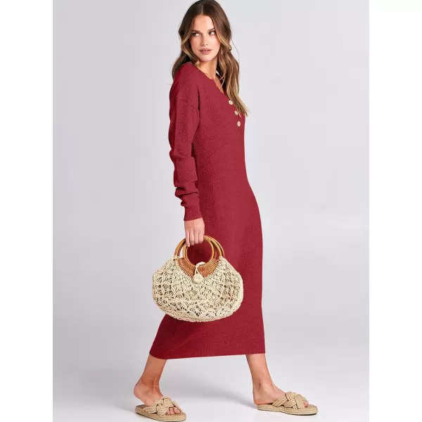 imageANRABESS Women Sweater Dress Long Sleeve Button V Neck Oversized Casual Loose Fall Waffle Knit Long DressRed