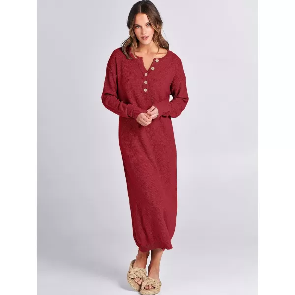 imageANRABESS Women Sweater Dress Long Sleeve Button V Neck Oversized Casual Loose Fall Waffle Knit Long DressRed