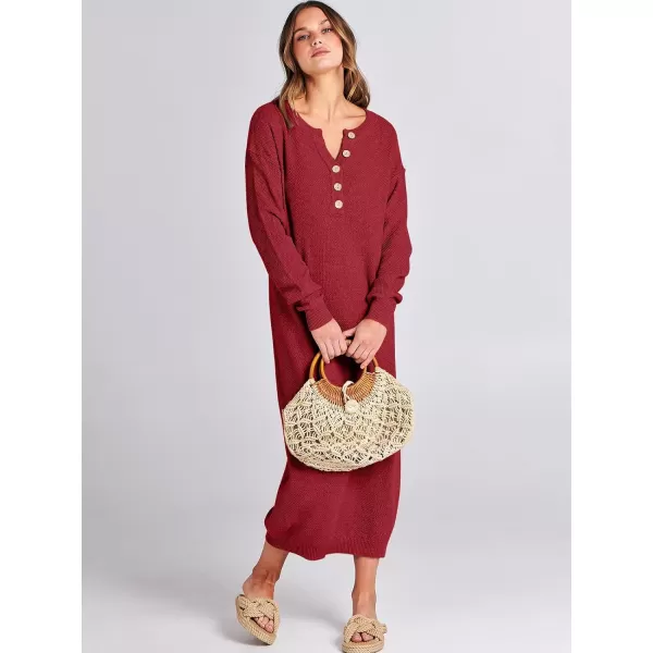imageANRABESS Women Sweater Dress Long Sleeve Button V Neck Oversized Casual Loose Fall Waffle Knit Long DressRed