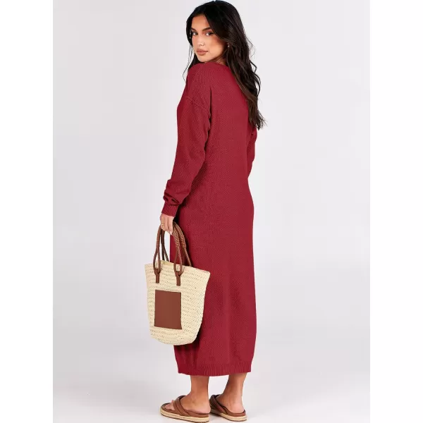 imageANRABESS Women Sweater Dress Long Sleeve Button V Neck Oversized Casual Loose Fall Waffle Knit Long DressRed