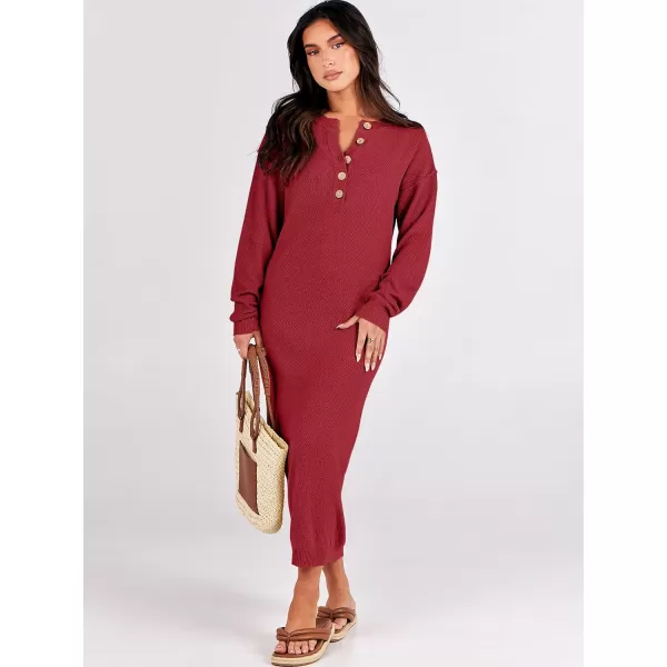imageANRABESS Women Sweater Dress Long Sleeve Button V Neck Oversized Casual Loose Fall Waffle Knit Long DressRed