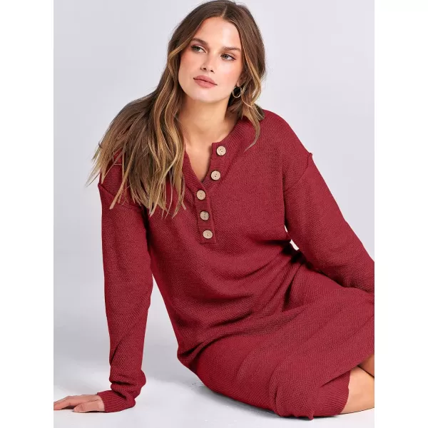 imageANRABESS Women Sweater Dress Long Sleeve Button V Neck Oversized Casual Loose Fall Waffle Knit Long DressRed