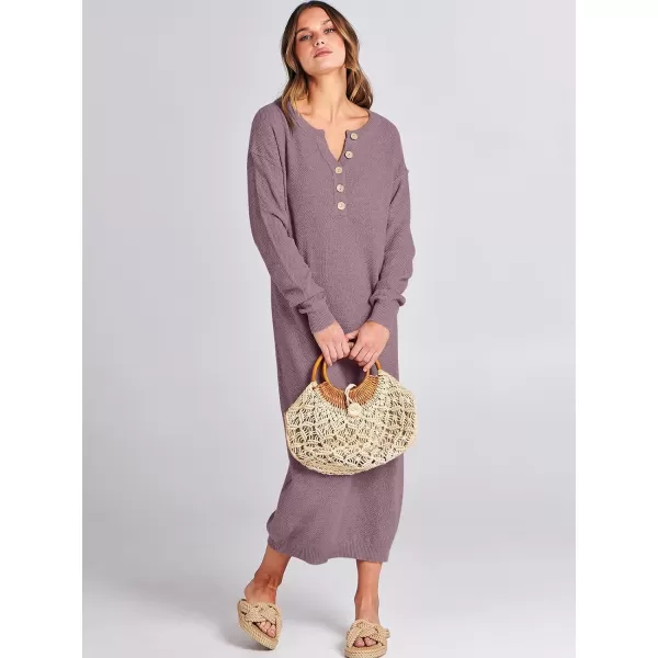 imageANRABESS Women Sweater Dress Long Sleeve Button V Neck Oversized Casual Loose Fall Waffle Knit Long DressRed Apricot