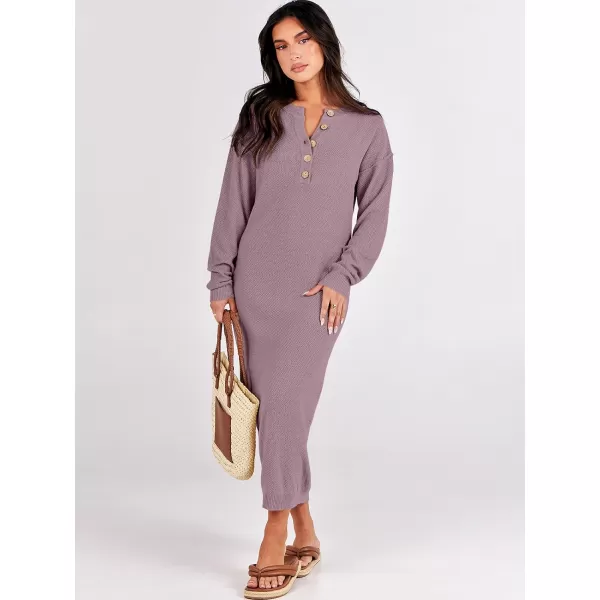 imageANRABESS Women Sweater Dress Long Sleeve Button V Neck Oversized Casual Loose Fall Waffle Knit Long DressRed Apricot