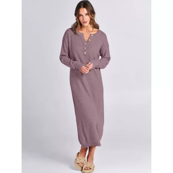 imageANRABESS Women Sweater Dress Long Sleeve Button V Neck Oversized Casual Loose Fall Waffle Knit Long DressRed Apricot