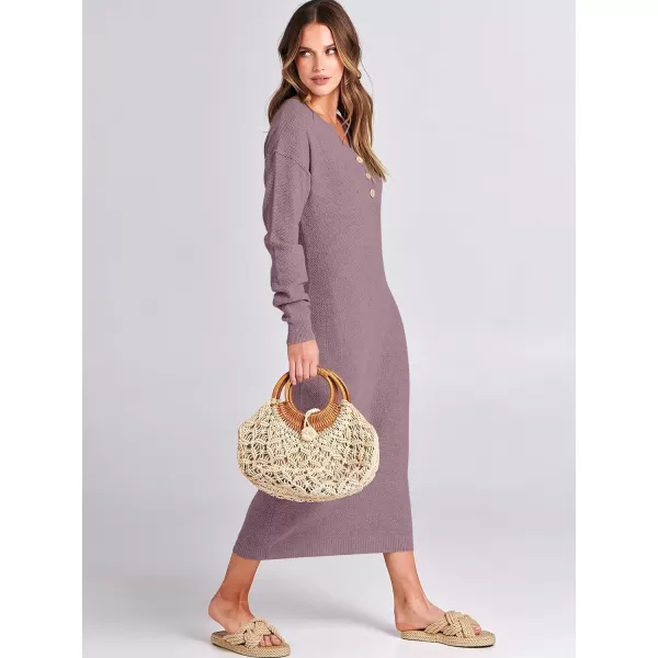 imageANRABESS Women Sweater Dress Long Sleeve Button V Neck Oversized Casual Loose Fall Waffle Knit Long DressRed Apricot
