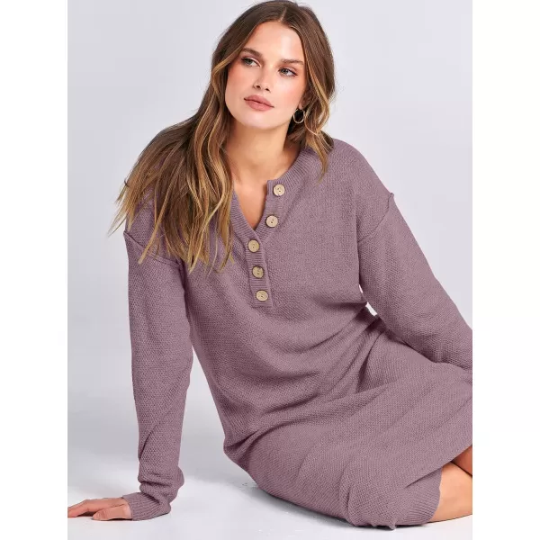 imageANRABESS Women Sweater Dress Long Sleeve Button V Neck Oversized Casual Loose Fall Waffle Knit Long DressRed Apricot