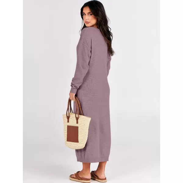 imageANRABESS Women Sweater Dress Long Sleeve Button V Neck Oversized Casual Loose Fall Waffle Knit Long DressRed Apricot