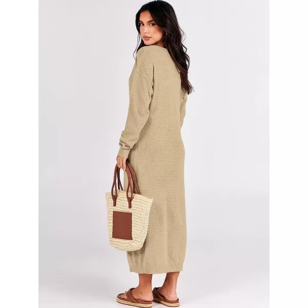 imageANRABESS Women Sweater Maxi Dress Long Sleeve Button V Neck Oversized Casual Loose Waffle Knit Sweater DressApricot