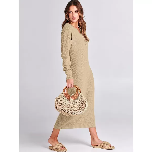 imageANRABESS Women Sweater Maxi Dress Long Sleeve Button V Neck Oversized Casual Loose Waffle Knit Sweater DressApricot