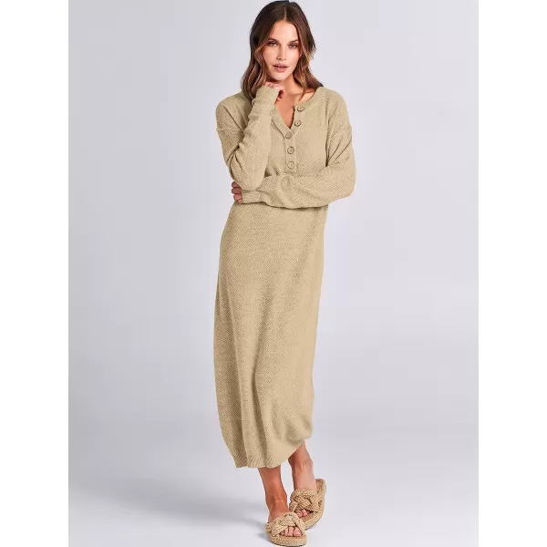 imageANRABESS Women Sweater Maxi Dress Long Sleeve Button V Neck Oversized Casual Loose Waffle Knit Sweater DressApricot