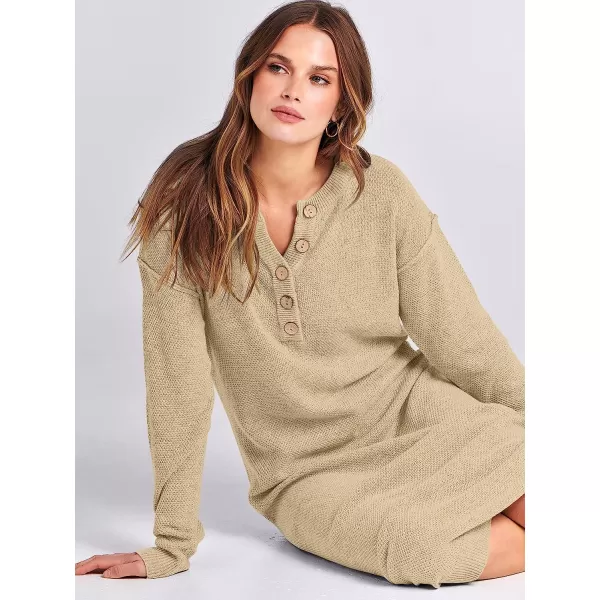 imageANRABESS Women Sweater Maxi Dress Long Sleeve Button V Neck Oversized Casual Loose Waffle Knit Sweater DressApricot