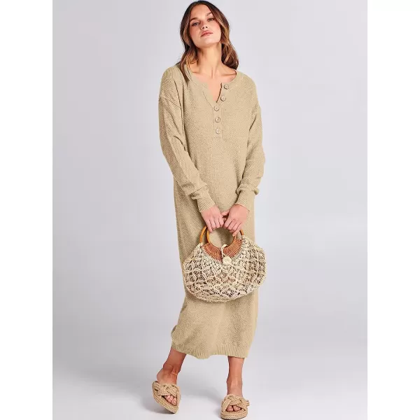 imageANRABESS Women Sweater Maxi Dress Long Sleeve Button V Neck Oversized Casual Loose Waffle Knit Sweater DressApricot