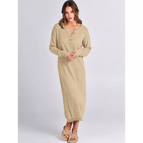 imageANRABESS Women Sweater Maxi Dress Long Sleeve Button V Neck Oversized Casual Loose Waffle Knit Sweater DressApricot