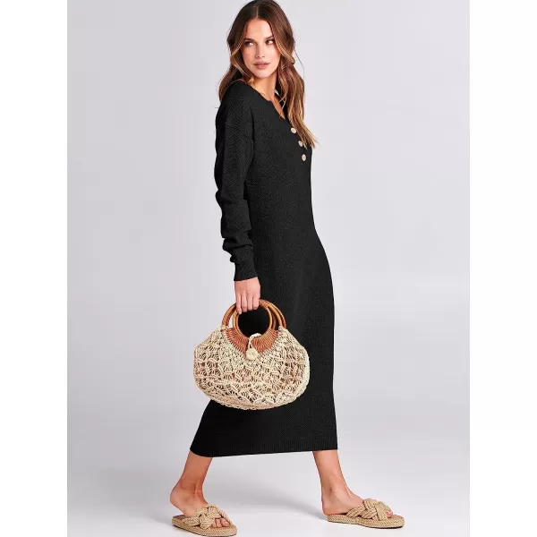 imageANRABESS Women Sweater Maxi Dress Long Sleeve Button V Neck Oversized Casual Loose Waffle Knit Sweater DressBlack