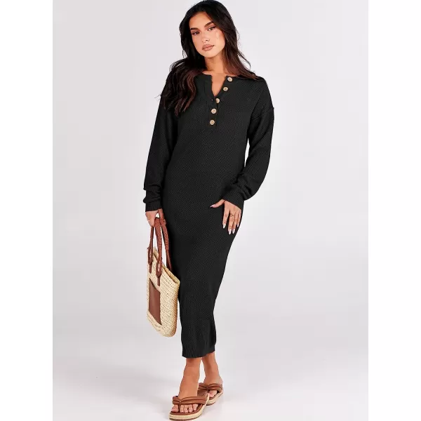 imageANRABESS Women Sweater Maxi Dress Long Sleeve Button V Neck Oversized Casual Loose Waffle Knit Sweater DressBlack