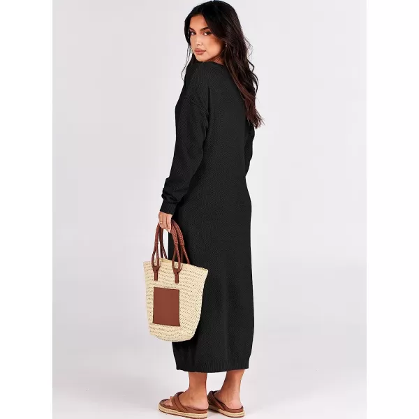imageANRABESS Women Sweater Maxi Dress Long Sleeve Button V Neck Oversized Casual Loose Waffle Knit Sweater DressBlack