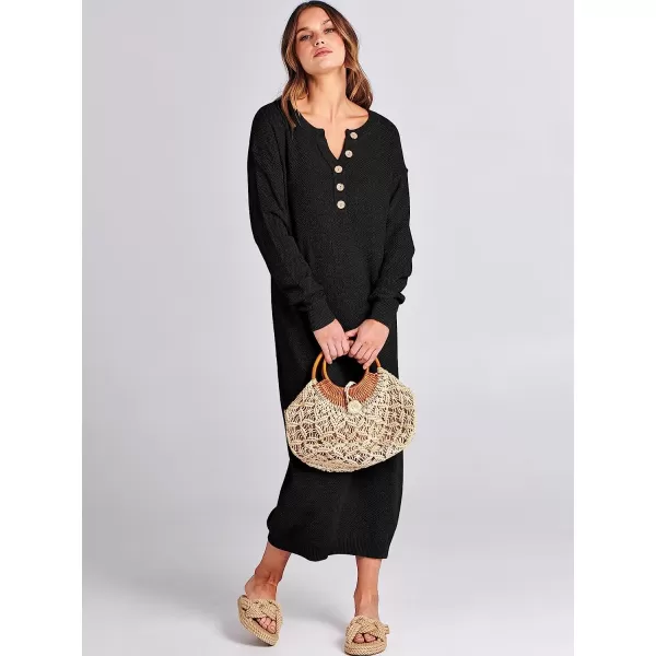 imageANRABESS Women Sweater Maxi Dress Long Sleeve Button V Neck Oversized Casual Loose Waffle Knit Sweater DressBlack