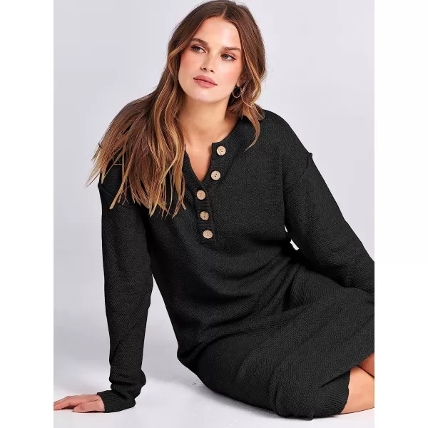 imageANRABESS Women Sweater Maxi Dress Long Sleeve Button V Neck Oversized Casual Loose Waffle Knit Sweater DressBlack