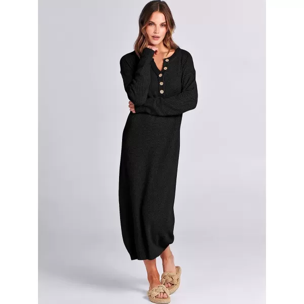 imageANRABESS Women Sweater Maxi Dress Long Sleeve Button V Neck Oversized Casual Loose Waffle Knit Sweater DressBlack