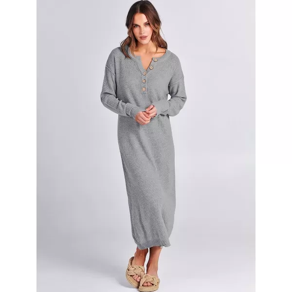 imageANRABESS Women Sweater Maxi Dress Long Sleeve Button V Neck Oversized Casual Loose Waffle Knit Sweater DressGrey