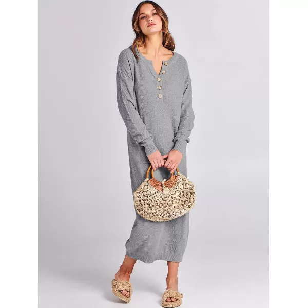 imageANRABESS Women Sweater Maxi Dress Long Sleeve Button V Neck Oversized Casual Loose Waffle Knit Sweater DressGrey
