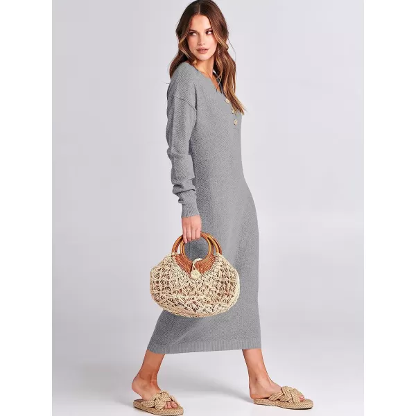 imageANRABESS Women Sweater Maxi Dress Long Sleeve Button V Neck Oversized Casual Loose Waffle Knit Sweater DressGrey