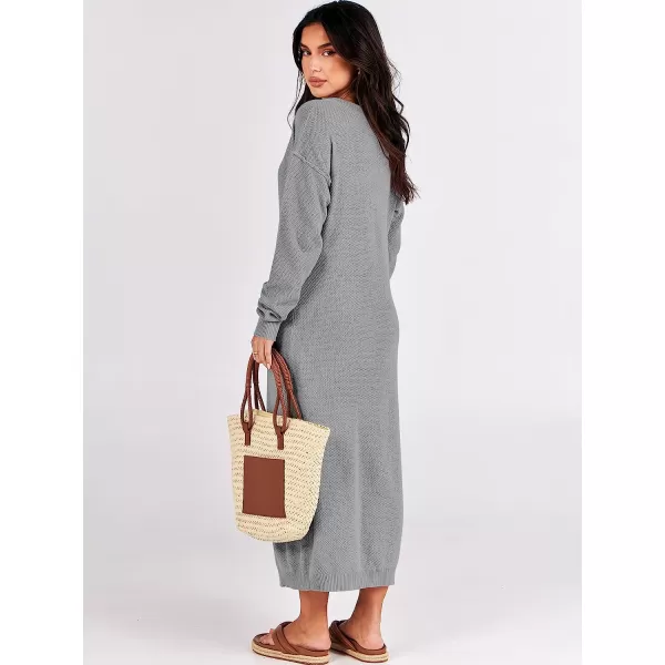 imageANRABESS Women Sweater Maxi Dress Long Sleeve Button V Neck Oversized Casual Loose Waffle Knit Sweater DressGrey