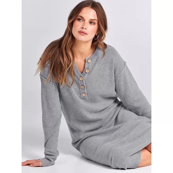 imageANRABESS Women Sweater Maxi Dress Long Sleeve Button V Neck Oversized Casual Loose Waffle Knit Sweater DressGrey