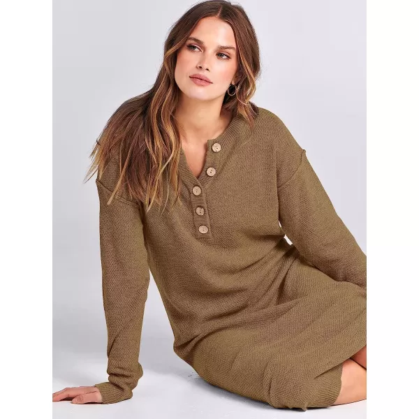 imageANRABESS Women Sweater Maxi Dress Long Sleeve Button V Neck Oversized Casual Loose Waffle Knit Sweater DressKhaki