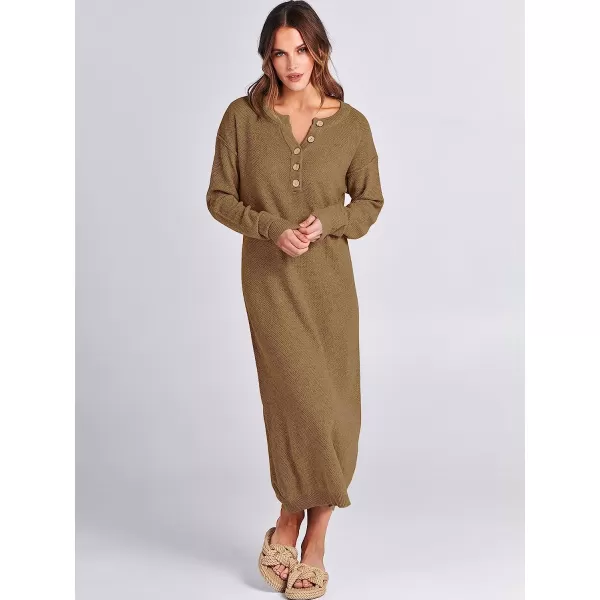 imageANRABESS Women Sweater Maxi Dress Long Sleeve Button V Neck Oversized Casual Loose Waffle Knit Sweater DressKhaki