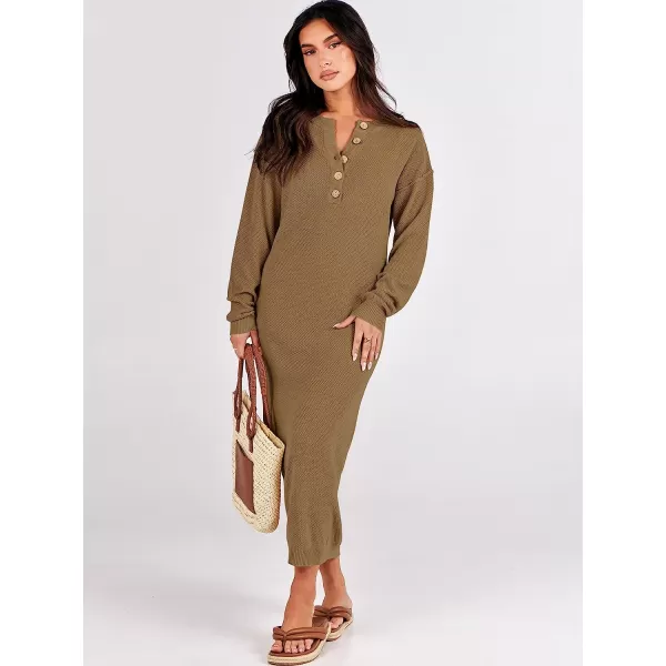 imageANRABESS Women Sweater Maxi Dress Long Sleeve Button V Neck Oversized Casual Loose Waffle Knit Sweater DressKhaki