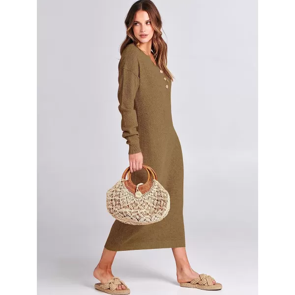 imageANRABESS Women Sweater Maxi Dress Long Sleeve Button V Neck Oversized Casual Loose Waffle Knit Sweater DressKhaki