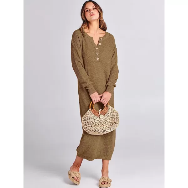 imageANRABESS Women Sweater Maxi Dress Long Sleeve Button V Neck Oversized Casual Loose Waffle Knit Sweater DressKhaki