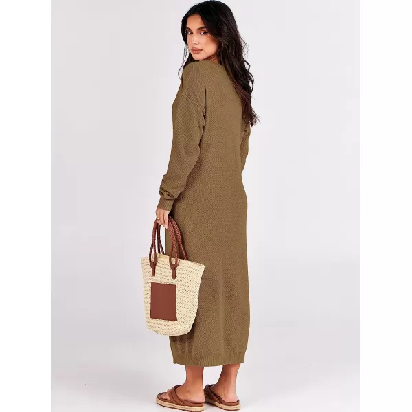 imageANRABESS Women Sweater Maxi Dress Long Sleeve Button V Neck Oversized Casual Loose Waffle Knit Sweater DressKhaki