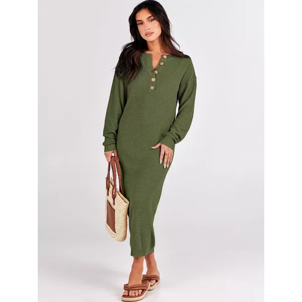imageANRABESS Women Sweater Maxi Dress Long Sleeve Button V Neck Oversized Casual Loose Waffle Knit Sweater DressPea Green