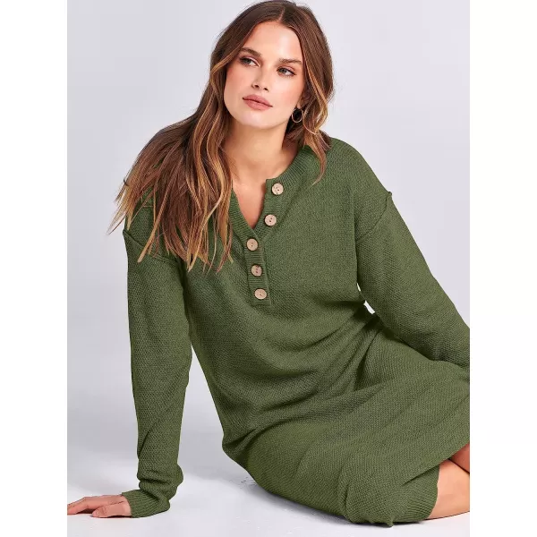 imageANRABESS Women Sweater Maxi Dress Long Sleeve Button V Neck Oversized Casual Loose Waffle Knit Sweater DressPea Green