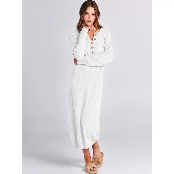 imageANRABESS Women Sweater Maxi Dress Long Sleeve Button V Neck Oversized Casual Loose Waffle Knit Sweater DressWhite