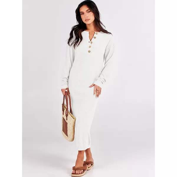 imageANRABESS Women Sweater Maxi Dress Long Sleeve Button V Neck Oversized Casual Loose Waffle Knit Sweater DressWhite