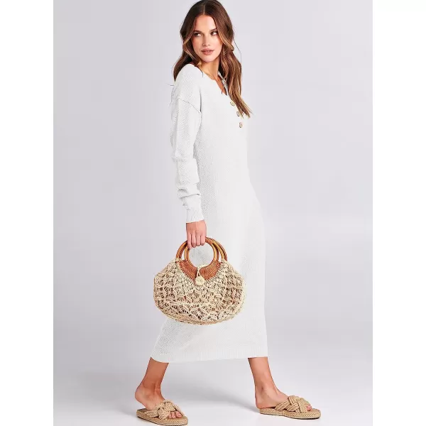 imageANRABESS Women Sweater Maxi Dress Long Sleeve Button V Neck Oversized Casual Loose Waffle Knit Sweater DressWhite
