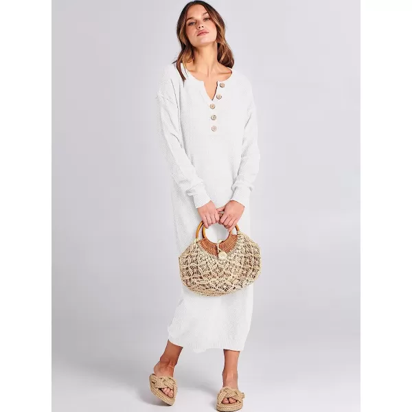 imageANRABESS Women Sweater Maxi Dress Long Sleeve Button V Neck Oversized Casual Loose Waffle Knit Sweater DressWhite