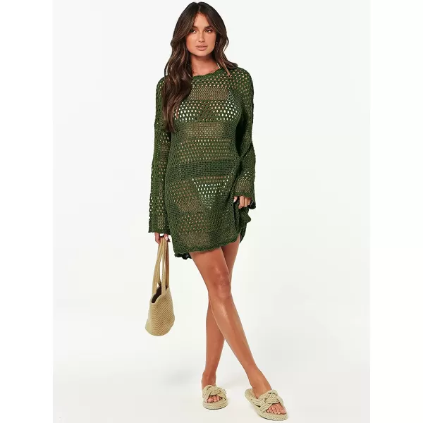 imageANRABESS Women Swimsuit Crochet Swim Cover Up Summer Bathing Suit Swimwear Knit Pullover Beach DressArmy Green