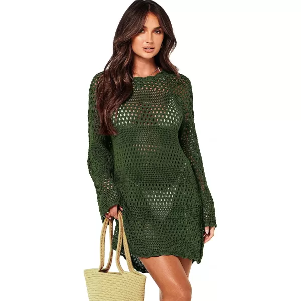 imageANRABESS Women Swimsuit Crochet Swim Cover Up Summer Bathing Suit Swimwear Knit Pullover Beach DressArmy Green
