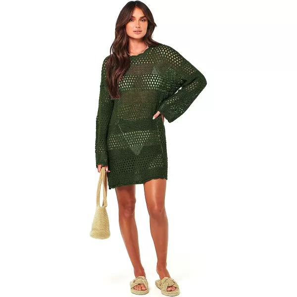 imageANRABESS Women Swimsuit Crochet Swim Cover Up Summer Bathing Suit Swimwear Knit Pullover Beach DressArmy Green