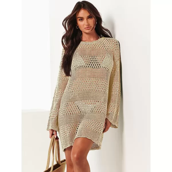 imageANRABESS Women Swimsuit Crochet Swim Cover Up Summer Bathing Suit Swimwear Knit Pullover Beach DressBeige