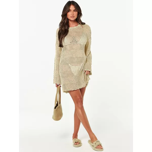 imageANRABESS Women Swimsuit Crochet Swim Cover Up Summer Bathing Suit Swimwear Knit Pullover Beach DressBeige