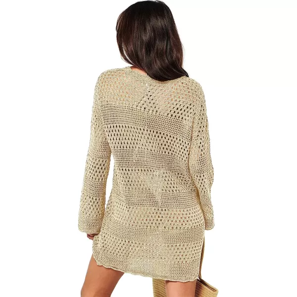 imageANRABESS Women Swimsuit Crochet Swim Cover Up Summer Bathing Suit Swimwear Knit Pullover Beach DressBeige