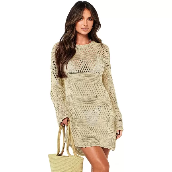 imageANRABESS Women Swimsuit Crochet Swim Cover Up Summer Bathing Suit Swimwear Knit Pullover Beach DressBeige
