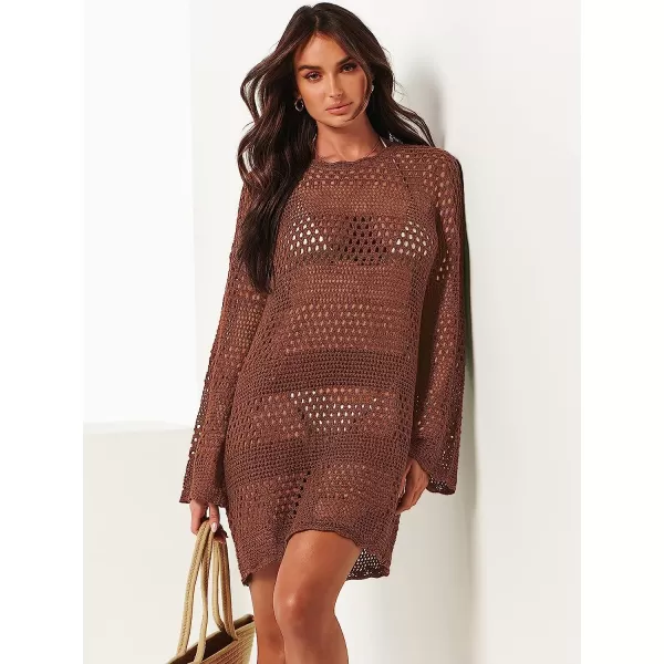 imageANRABESS Women Swimsuit Crochet Swim Cover Up Summer Bathing Suit Swimwear Knit Pullover Beach DressBrown