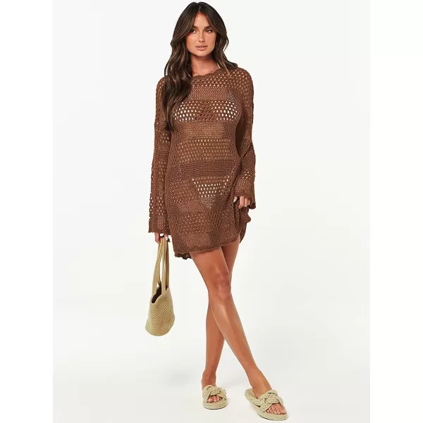 imageANRABESS Women Swimsuit Crochet Swim Cover Up Summer Bathing Suit Swimwear Knit Pullover Beach DressBrown